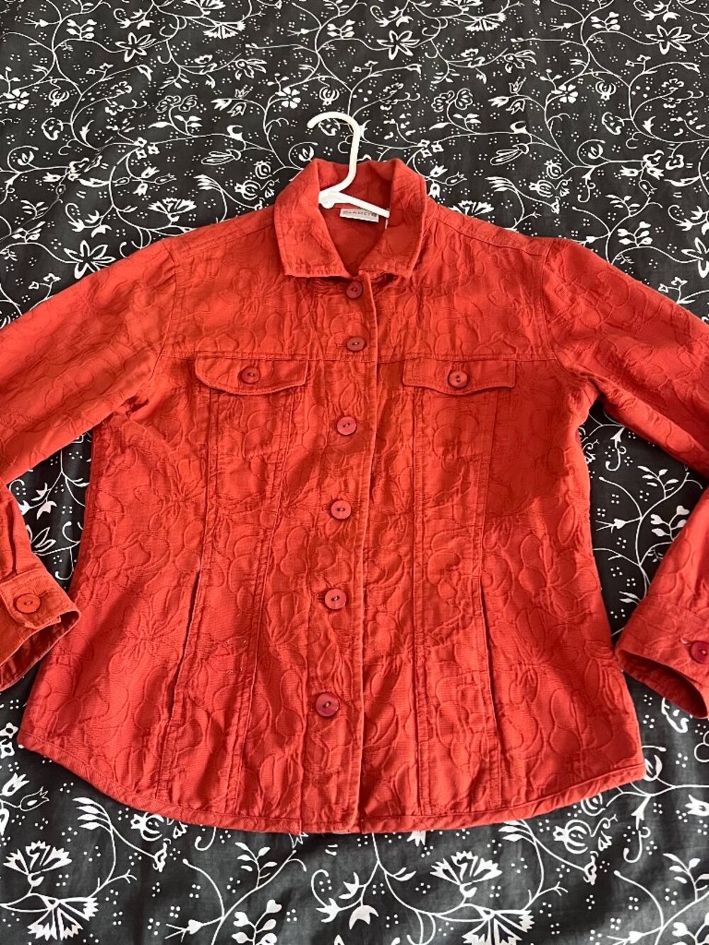 Orange-Red Chico's Embroidered Button Up